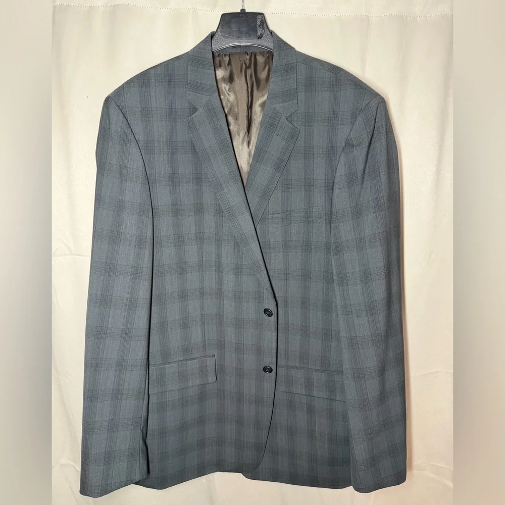 John Varvatos Window Pane Plaid Gray Wool Blend 2 Button Blazer 48‎ Long